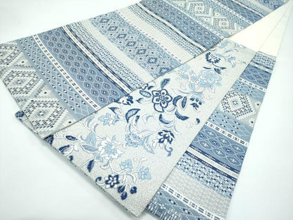 平和屋着物●極上　丸帯　花織　本藍　幾何学横段文　花唐草文　逸品　CZAA5124s6