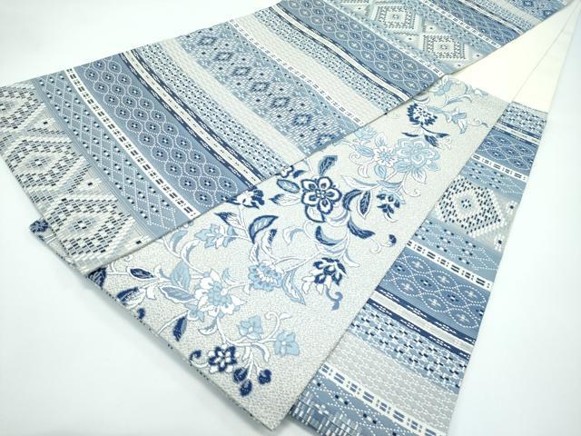 平和屋着物●極上　丸帯　花織　本藍　幾何学横段文　花唐草文　逸品　CZAA5124s6