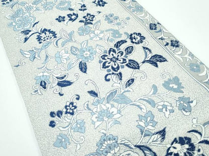 平和屋着物●極上　丸帯　花織　本藍　幾何学横段文　花唐草文　逸品　CZAA5124s6