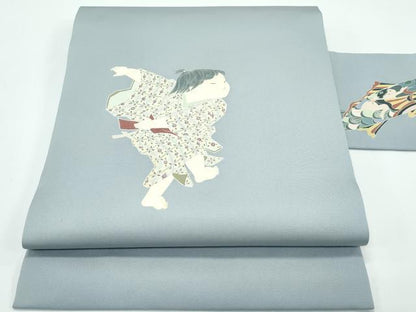 平和屋本店●極上　加賀友禅の巨匠　初代　由水十久　塩瀬　九寸名古屋帯　童子遊び　鯉のぼり　灰青色地　逸品　CZAA5793s6