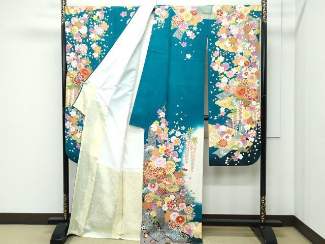 平和屋着物●極上　振袖　駒刺繍　短冊草花文　暈し染め　銀通し地　逸品　CZAA5136s6