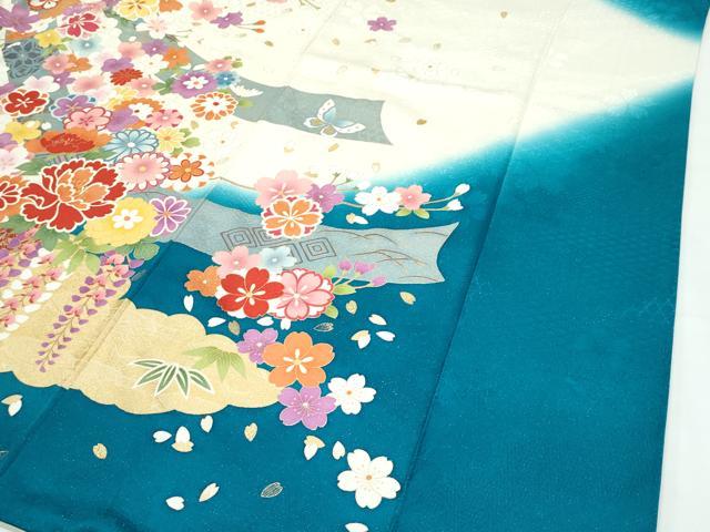 平和屋着物●極上　振袖　駒刺繍　短冊草花文　暈し染め　銀通し地　逸品　CZAA5136s6