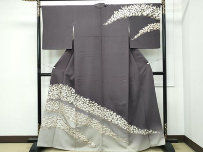 平和屋本店●極上　訪問着　総手刺繍　桜楓文　暈し染め　金糸　紅消鼠色地　さが美扱い　逸品　CZAA5143s6