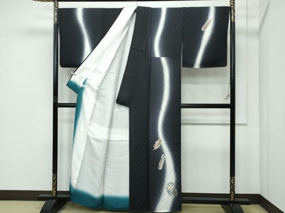 平和屋着物●極上　訪問着　手描き　フクロウ　梟　暈し染め　黒地　逸品　未使用　CZAA5147s6