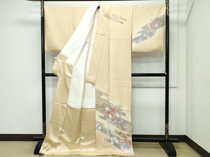平和屋着物●極上　訪問着　駒刺繍　草花霞文　暈し染め　金彩　蜂蜜色地　逸品　CZAA5148s6