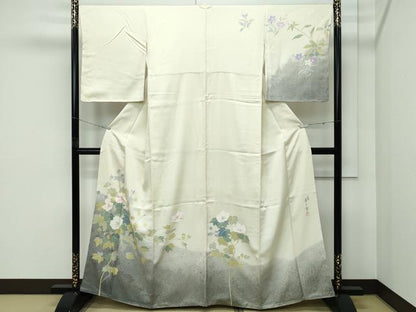 平和屋着物●極上　二代目清次郎　手描き　訪問着　刺繍　草花文　たたき染め　金彩　砥粉色地　逸品　未使用　CZAA5149s6