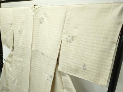 平和屋本店●極上　タッサーシルク　タッサーゴールド　小紋　総刺繍　正倉院花文　金銀糸　砥粉色地　証紙付き　逸品　未使用　CZAA5773s6
