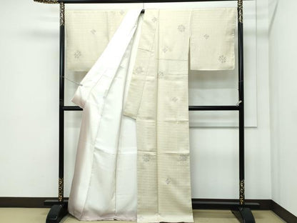 平和屋本店●極上　タッサーシルク　タッサーゴールド　小紋　総刺繍　正倉院花文　金銀糸　砥粉色地　証紙付き　逸品　未使用　CZAA5773s6
