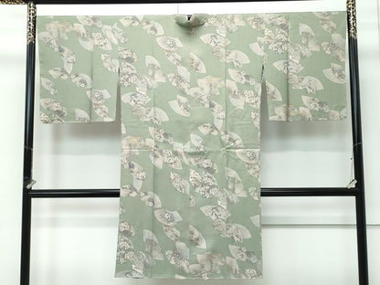 平和屋着物∞極上　道中着　ロング丈　地紙重ね風景花文　金彩　柳茶色地　羽裏：鳥獣戯画　逸品　未使用　CZAA5158s6