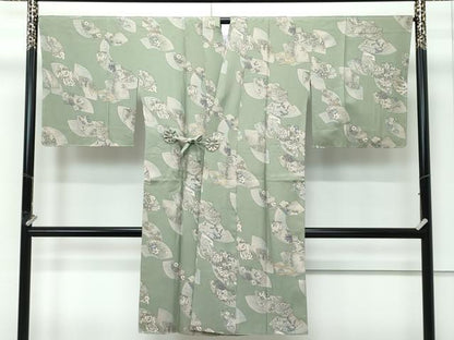 平和屋着物∞極上　道中着　ロング丈　地紙重ね風景花文　金彩　柳茶色地　羽裏：鳥獣戯画　逸品　未使用　CZAA5158s6