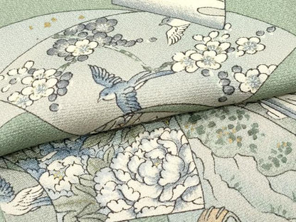 平和屋着物∞極上　道中着　ロング丈　地紙重ね風景花文　金彩　柳茶色地　羽裏：鳥獣戯画　逸品　未使用　CZAA5158s6