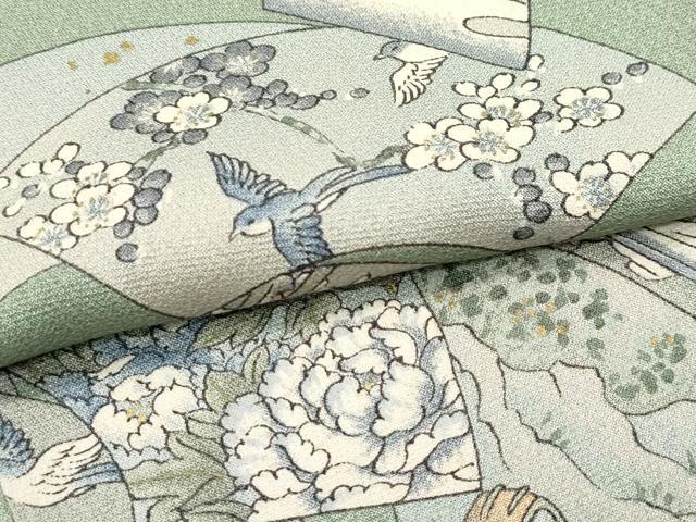平和屋着物∞極上　道中着　ロング丈　地紙重ね風景花文　金彩　柳茶色地　羽裏：鳥獣戯画　逸品　未使用　CZAA5158s6