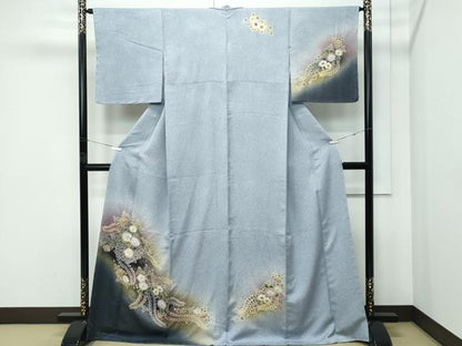 平和屋着物●極上　訪問着　辻が花　絞り　暈し染め　金通し地　灰青色地　逸品　未使用　CZAA5166s6