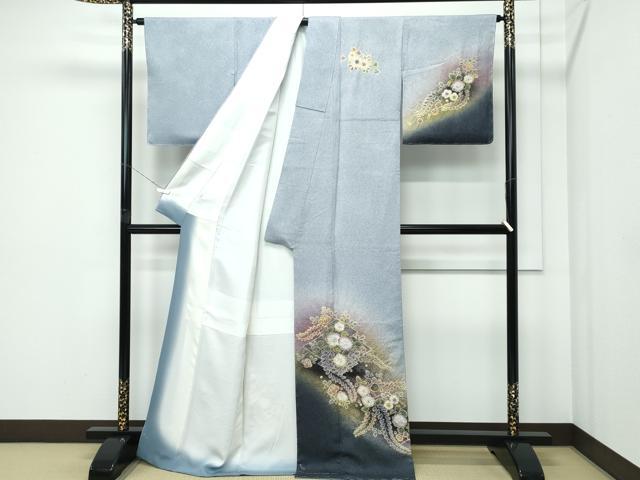 平和屋着物●極上　訪問着　辻が花　絞り　暈し染め　金通し地　灰青色地　逸品　未使用　CZAA5166s6