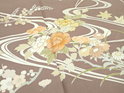 平和屋本店●極上　創業460年・千總　訪問着　刺繍　流水草花文　金彩　柴染色地　逸品　CZAA5168s6