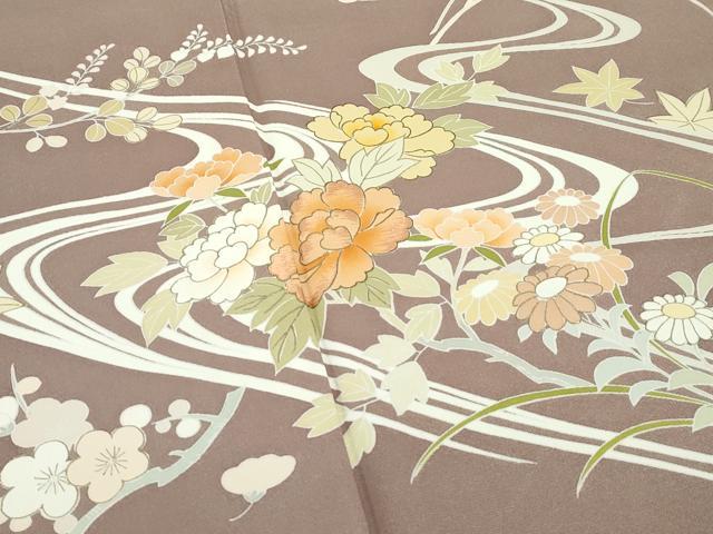 平和屋本店●極上　創業460年・千總　訪問着　刺繍　流水草花文　金彩　柴染色地　逸品　CZAA5168s6