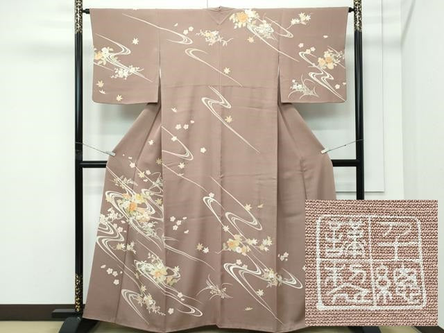 平和屋本店●極上　創業460年・千總　訪問着　刺繍　流水草花文　金彩　柴染色地　逸品　CZAA5168s6