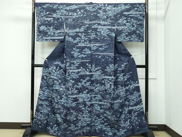 平和屋本店●極上　藍造り国選定無形文化財　藍師・佐藤昭人　訪問着　松竹梅檜扇風景花文　たたき染め　逸品　未使用　CZAA5169s6