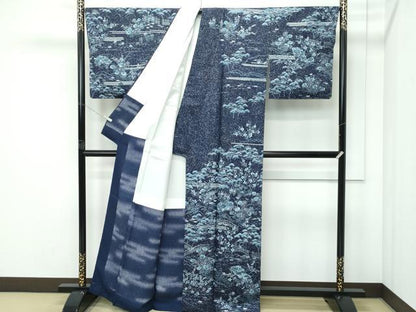 平和屋本店●極上　藍造り国選定無形文化財　藍師・佐藤昭人　訪問着　松竹梅檜扇風景花文　たたき染め　逸品　未使用　CZAA5169s6