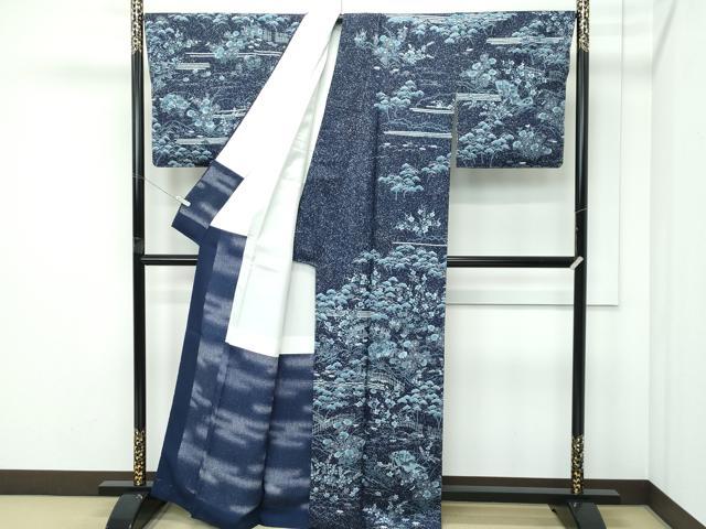 平和屋本店●極上　藍造り国選定無形文化財　藍師・佐藤昭人　訪問着　松竹梅檜扇風景花文　たたき染め　逸品　未使用　CZAA5169s6