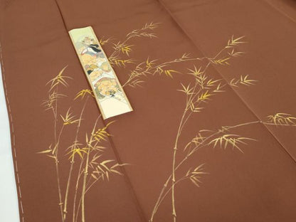 平和屋着物●極上　訪問着　手描き　利休織　七福神　金彩　茶褐色地　反端付き　逸品　未使用　CZAA5171s6