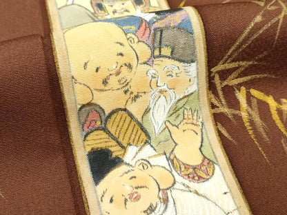 平和屋着物●極上　訪問着　手描き　利休織　七福神　金彩　茶褐色地　反端付き　逸品　未使用　CZAA5171s6