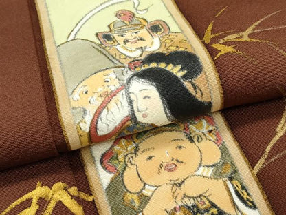 平和屋着物●極上　訪問着　手描き　利休織　七福神　金彩　茶褐色地　反端付き　逸品　未使用　CZAA5171s6