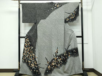 平和屋着物●極上　訪問着　総絞り　刺繍　枝花文　黒地　金糸　越後屋扱い　逸品　CZAA5172s6