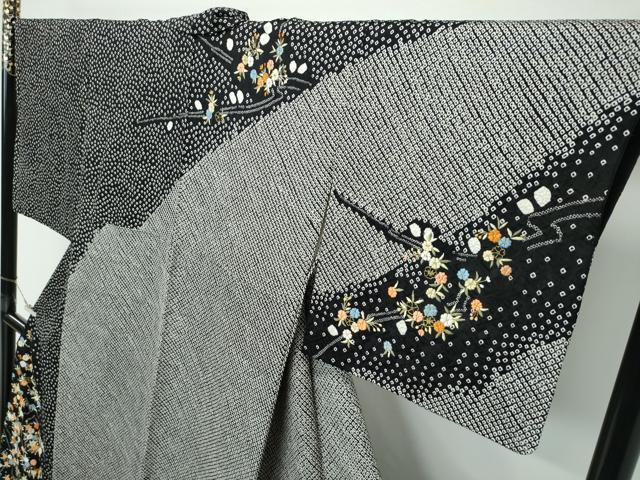 平和屋着物●極上　訪問着　総絞り　刺繍　枝花文　黒地　金糸　越後屋扱い　逸品　CZAA5172s6