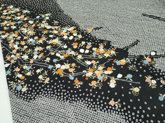 平和屋着物●極上　訪問着　総絞り　刺繍　枝花文　黒地　金糸　越後屋扱い　逸品　CZAA5172s6