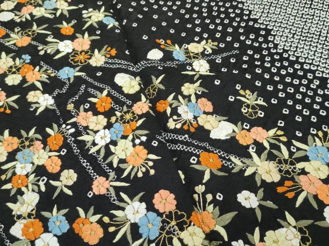 平和屋着物●極上　訪問着　総絞り　刺繍　枝花文　黒地　金糸　越後屋扱い　逸品　CZAA5172s6
