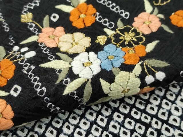 平和屋着物●極上　訪問着　総絞り　刺繍　枝花文　黒地　金糸　越後屋扱い　逸品　CZAA5172s6