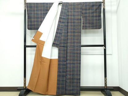 平和屋本店●極上　郡上紬　草木染　格子柄　逸品　CZAA5188s6