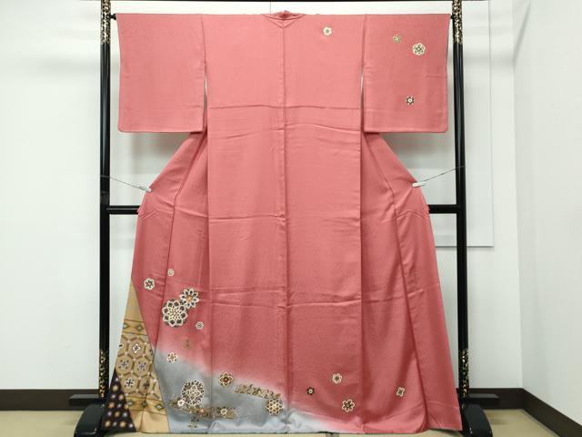 平和屋着物●極上　世界的友禅作家　千地泰弘　千地天女　訪問着　正倉院花文　暈し染め　金彩　赭色地　逸品　CZAA5214s6