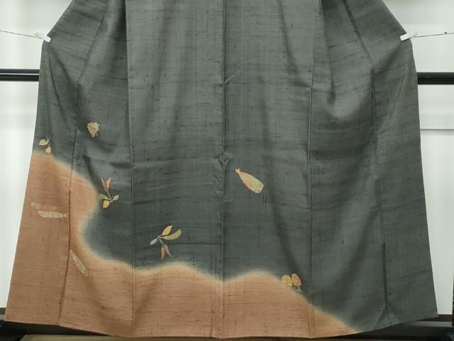 平和屋着物●極上　染織の名門　しょうざん  生紬　訪問着　成り物　カタツムリ　魚　藍海松茶色地　逸品　CZAA5221s6