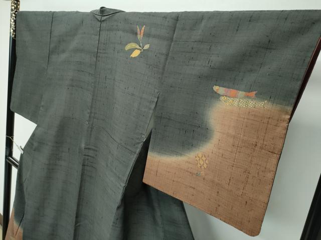 平和屋着物●極上　染織の名門　しょうざん  生紬　訪問着　成り物　カタツムリ　魚　藍海松茶色地　逸品　CZAA5221s6