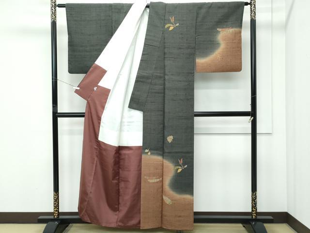 平和屋着物●極上　染織の名門　しょうざん  生紬　訪問着　成り物　カタツムリ　魚　藍海松茶色地　逸品　CZAA5221s6