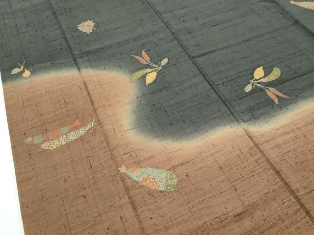 平和屋着物●極上　染織の名門　しょうざん  生紬　訪問着　成り物　カタツムリ　魚　藍海松茶色地　逸品　CZAA5221s6