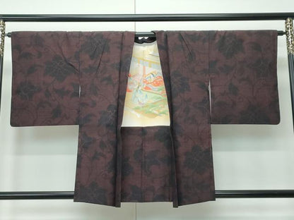 平和屋着物●極上　本場結城紬　重要無形文化財　アンサンブル　100亀甲　更紗唐草文　黒地　羽織紐付き　逸品　CZAA5227s6