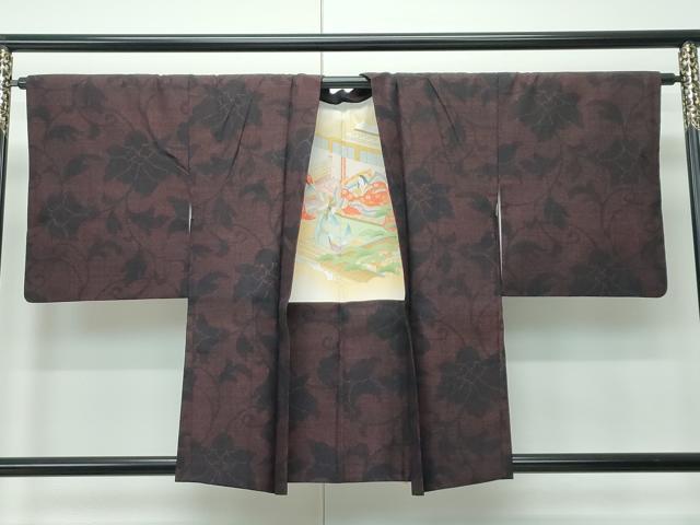 平和屋着物●極上　本場結城紬　重要無形文化財　アンサンブル　100亀甲　更紗唐草文　黒地　羽織紐付き　逸品　CZAA5227s6