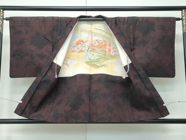 平和屋着物●極上　本場結城紬　重要無形文化財　アンサンブル　100亀甲　更紗唐草文　黒地　羽織紐付き　逸品　CZAA5227s6