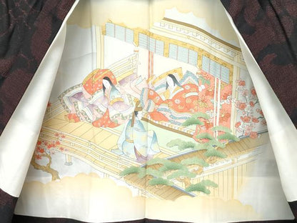 平和屋着物●極上　本場結城紬　重要無形文化財　アンサンブル　100亀甲　更紗唐草文　黒地　羽織紐付き　逸品　CZAA5227s6