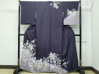 平和屋本店●極上　訪問着　更紗花文　暈し染め　金彩　紫黒色地　逸品　CZAA5239s6