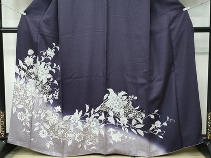 平和屋本店●極上　訪問着　更紗花文　暈し染め　金彩　紫黒色地　逸品　CZAA5239s6
