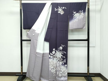 平和屋本店●極上　訪問着　更紗花文　暈し染め　金彩　紫黒色地　逸品　CZAA5239s6