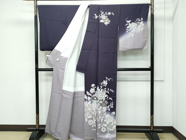 平和屋本店●極上　訪問着　更紗花文　暈し染め　金彩　紫黒色地　逸品　CZAA5239s6