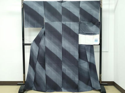 平和屋着物●極上　染色作家　斉藤三才　小紋　斜線文　暈し染め　反端付き　逸品　CZAA5240s6