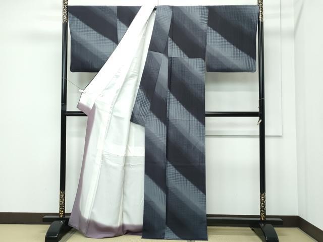 平和屋着物●極上　染色作家　斉藤三才　小紋　斜線文　暈し染め　反端付き　逸品　CZAA5240s6