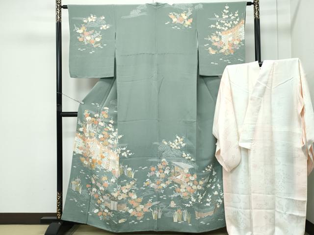 平和屋本店●極上　訪問着・長襦袢セット　駒刺繍　草花風景文　金彩　鬼しぼ縮緬　青白橡色地　逸品　未使用　CZAA5244s6