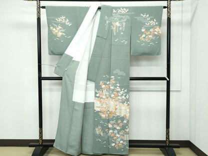 平和屋本店●極上　訪問着・長襦袢セット　駒刺繍　草花風景文　金彩　鬼しぼ縮緬　青白橡色地　逸品　未使用　CZAA5244s6